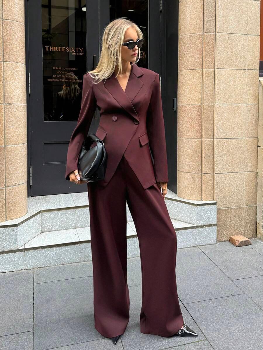 Notched Collar Jacket and Pants Office Suit Coffee Brown