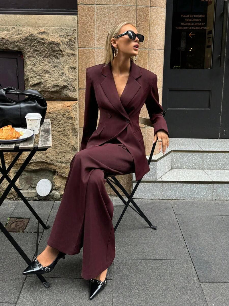 Notched Collar Jacket and Pants Office Suit Coffee Brown