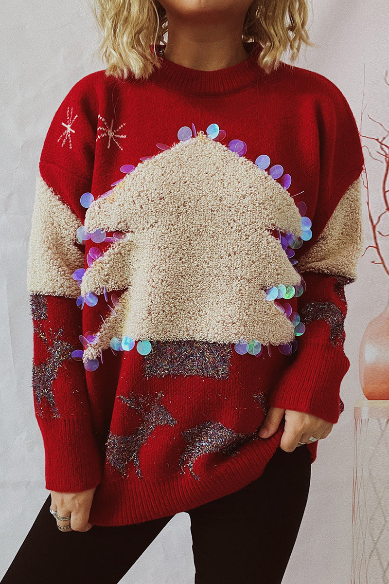 Christmas Tree Sequins Patch O Neck Sweaters