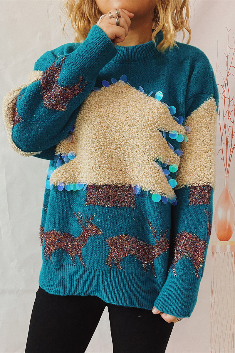 Christmas Tree Sequins Patch O Neck Sweaters