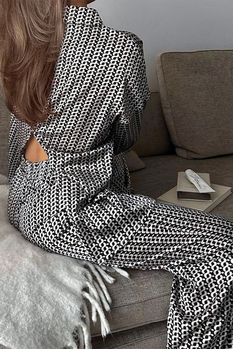 Geometric Print Patchwork Slit Contrast Turndown Collar Long Sleeve Two Pieces
