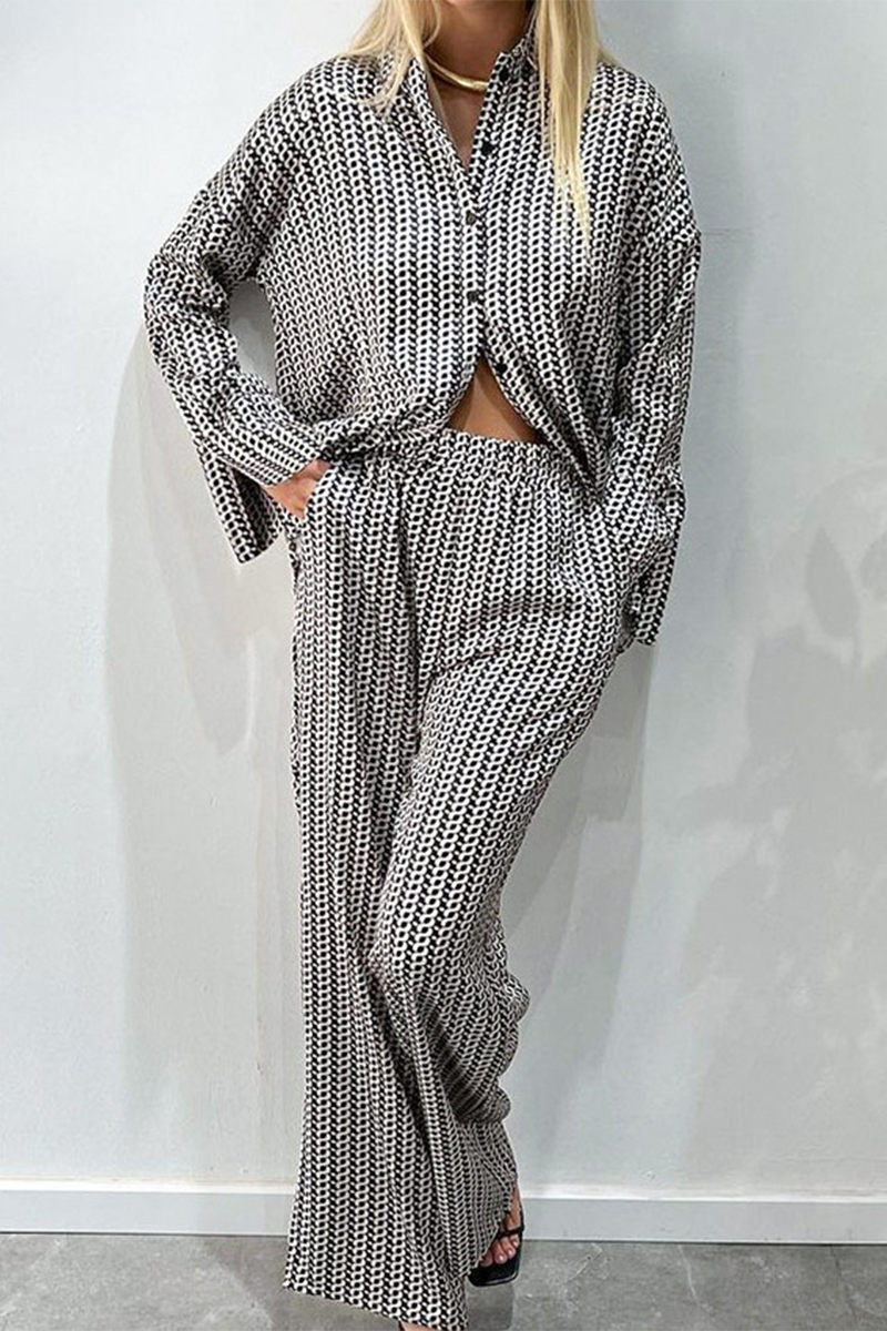 Geometric Print Patchwork Slit Contrast Turndown Collar Long Sleeve Two Pieces