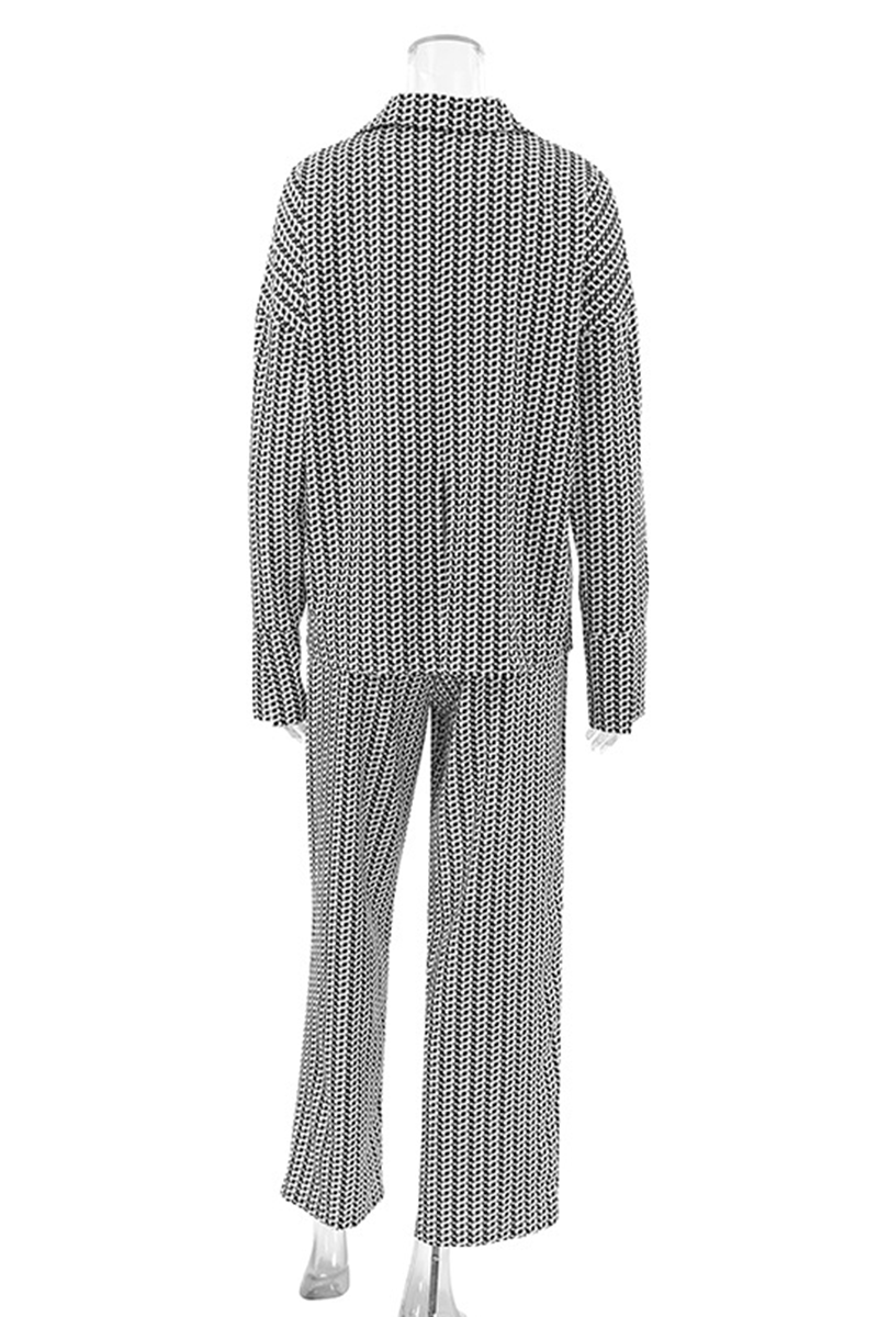 Geometric Print Patchwork Slit Contrast Turndown Collar Long Sleeve Two Pieces