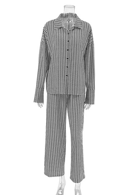 Geometric Print Patchwork Slit Contrast Turndown Collar Long Sleeve Two Pieces