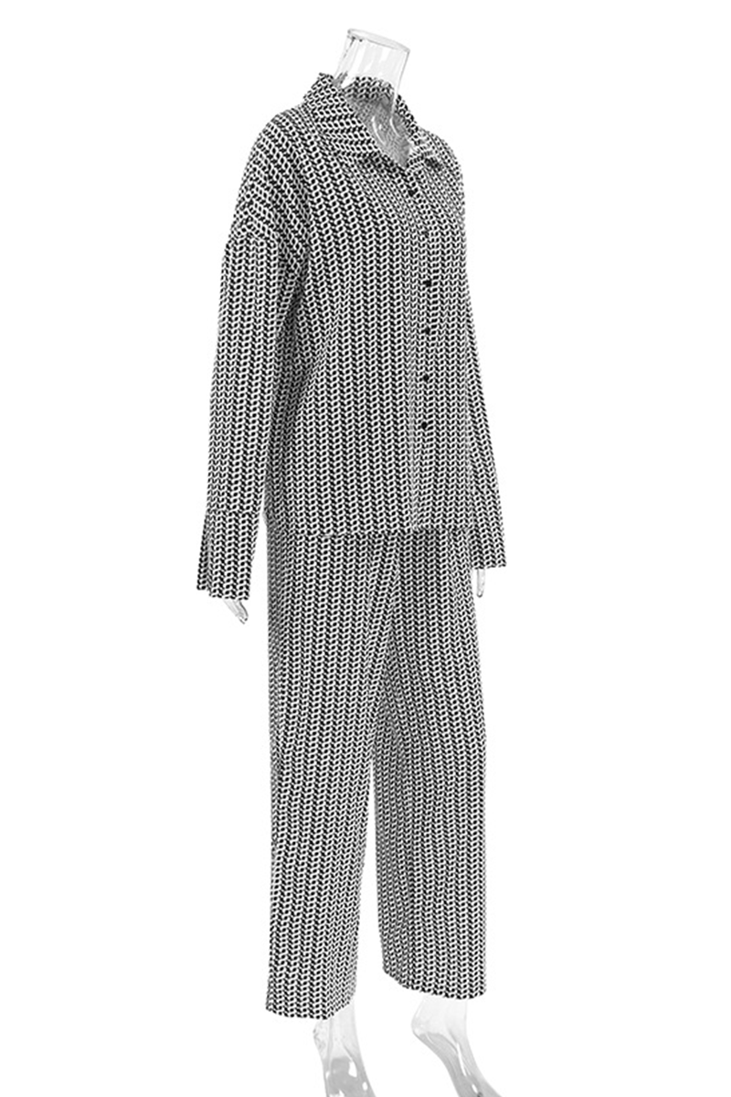Geometric Print Patchwork Slit Contrast Turndown Collar Long Sleeve Two Pieces