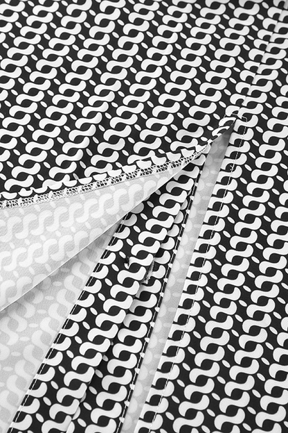 Geometric Print Patchwork Slit Contrast Turndown Collar Long Sleeve Two Pieces