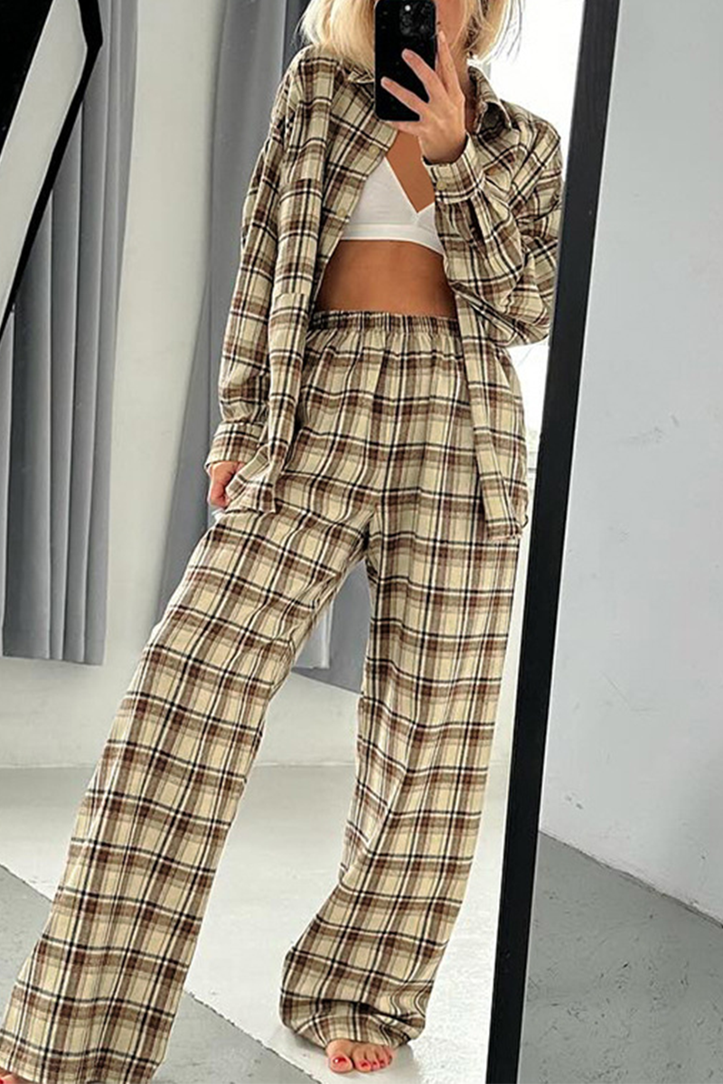 Plaid Buttons Contrast Turndown Collar Long Sleeve Two Pieces