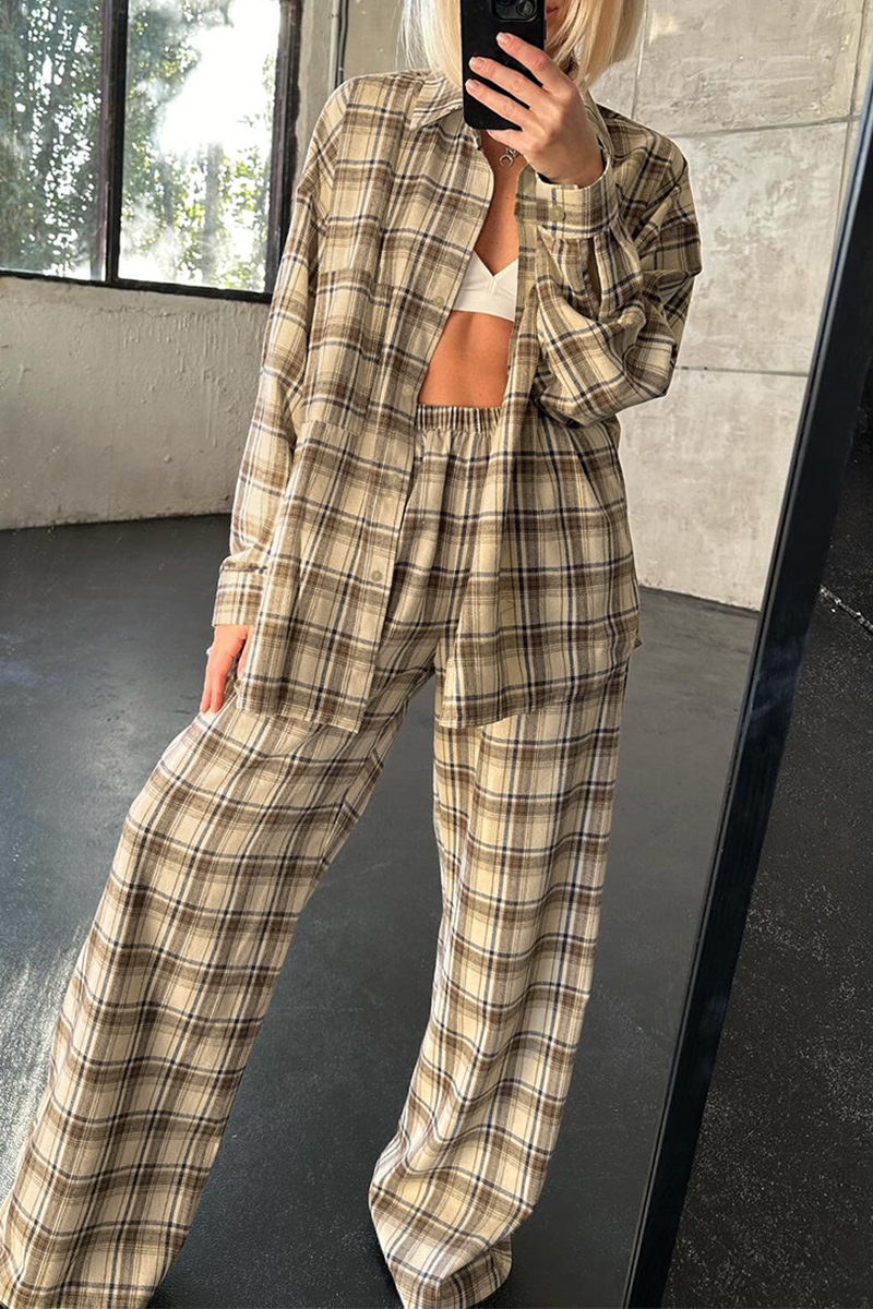 Plaid Buttons Contrast Turndown Collar Long Sleeve Two Pieces