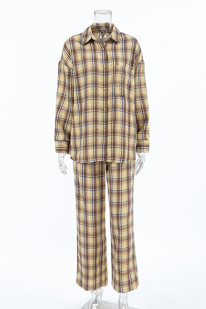 Plaid Buttons Contrast Turndown Collar Long Sleeve Two Pieces