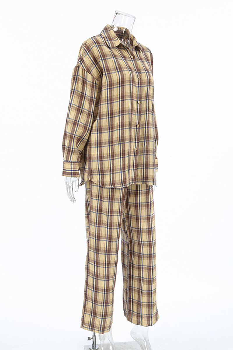 Plaid Buttons Contrast Turndown Collar Long Sleeve Two Pieces