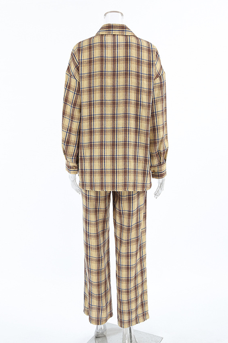 Plaid Buttons Contrast Turndown Collar Long Sleeve Two Pieces