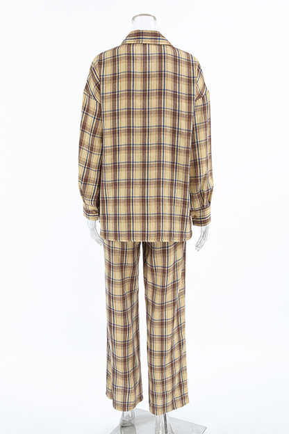 Plaid Buttons Contrast Turndown Collar Long Sleeve Two Pieces