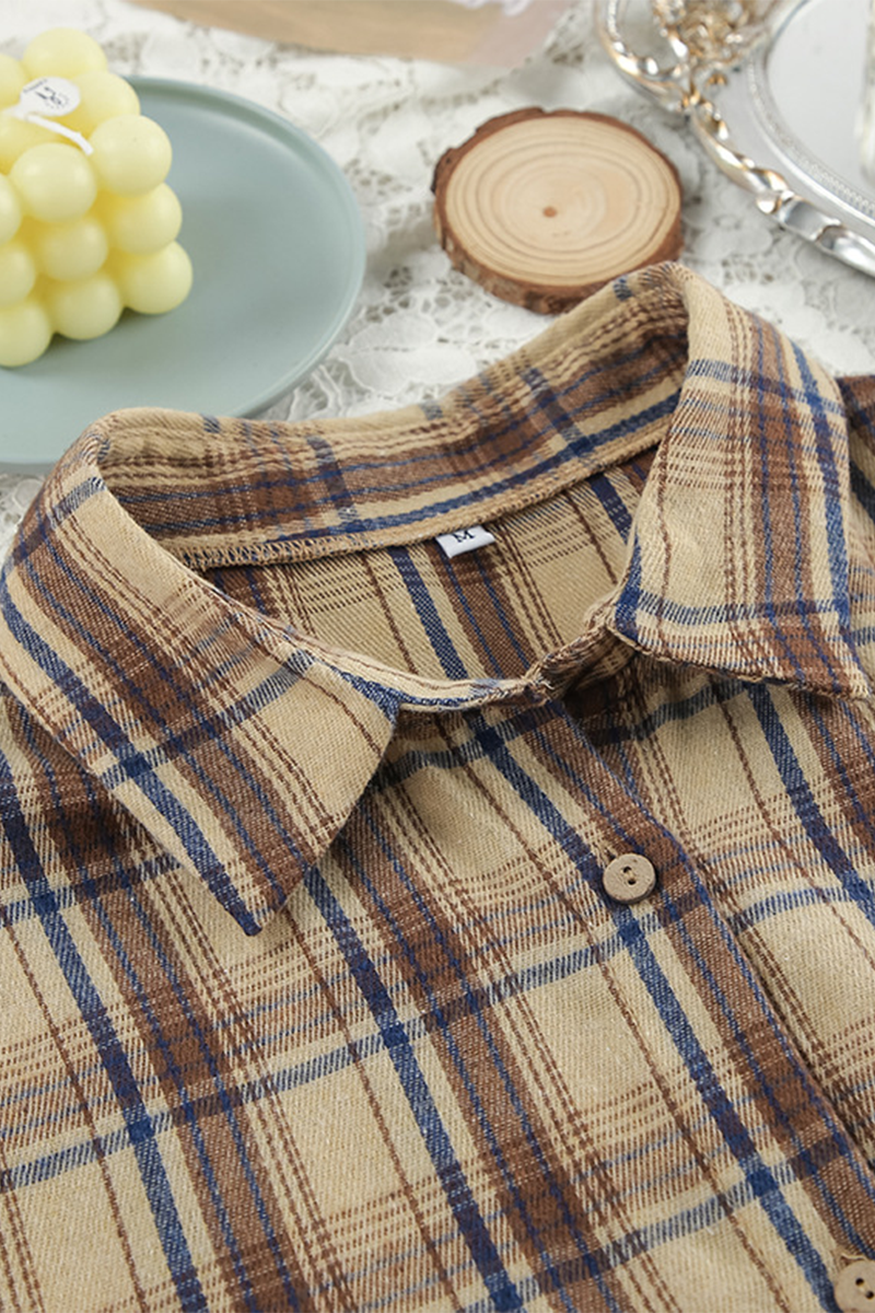 Plaid Buttons Contrast Turndown Collar Long Sleeve Two Pieces