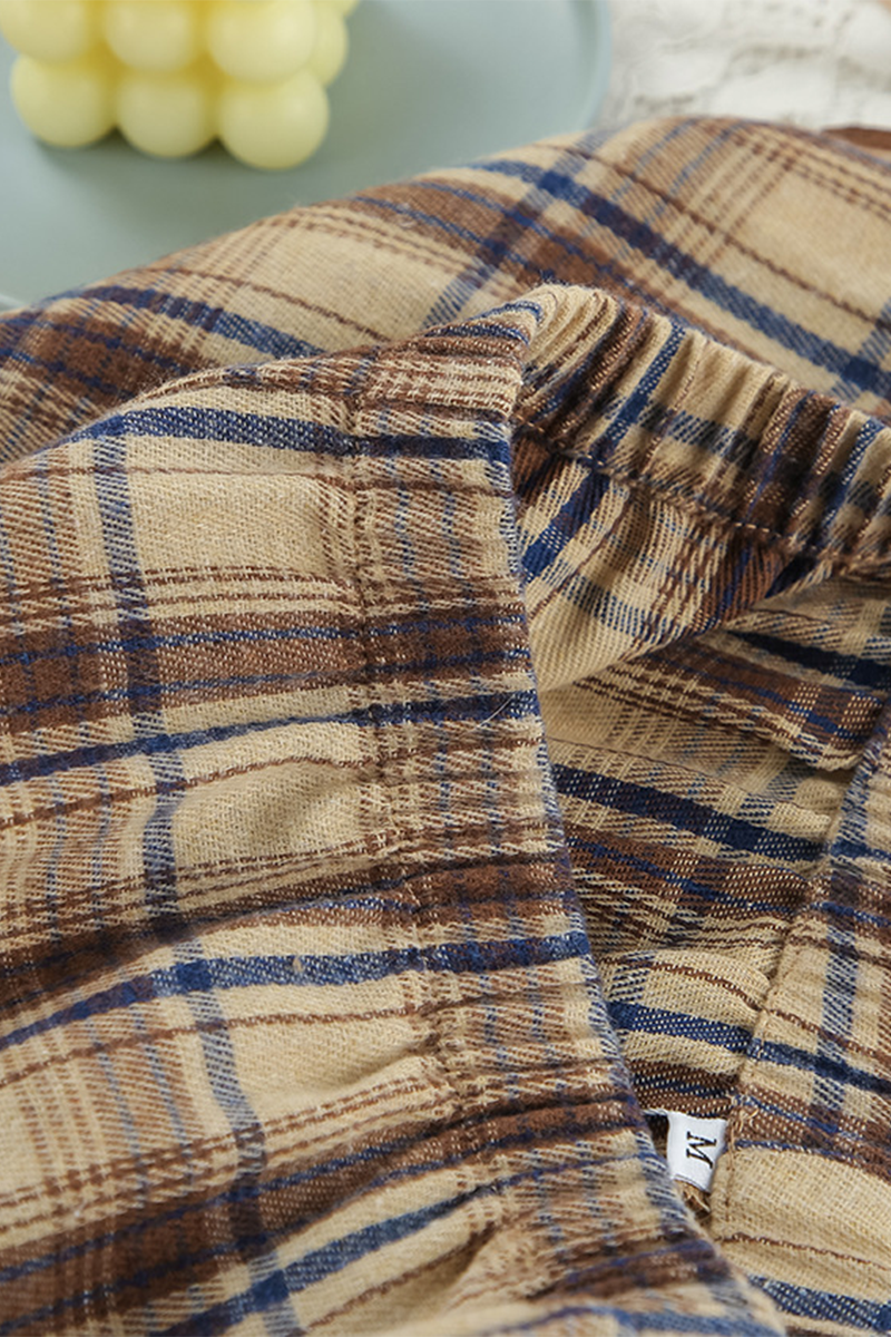 Plaid Buttons Contrast Turndown Collar Long Sleeve Two Pieces