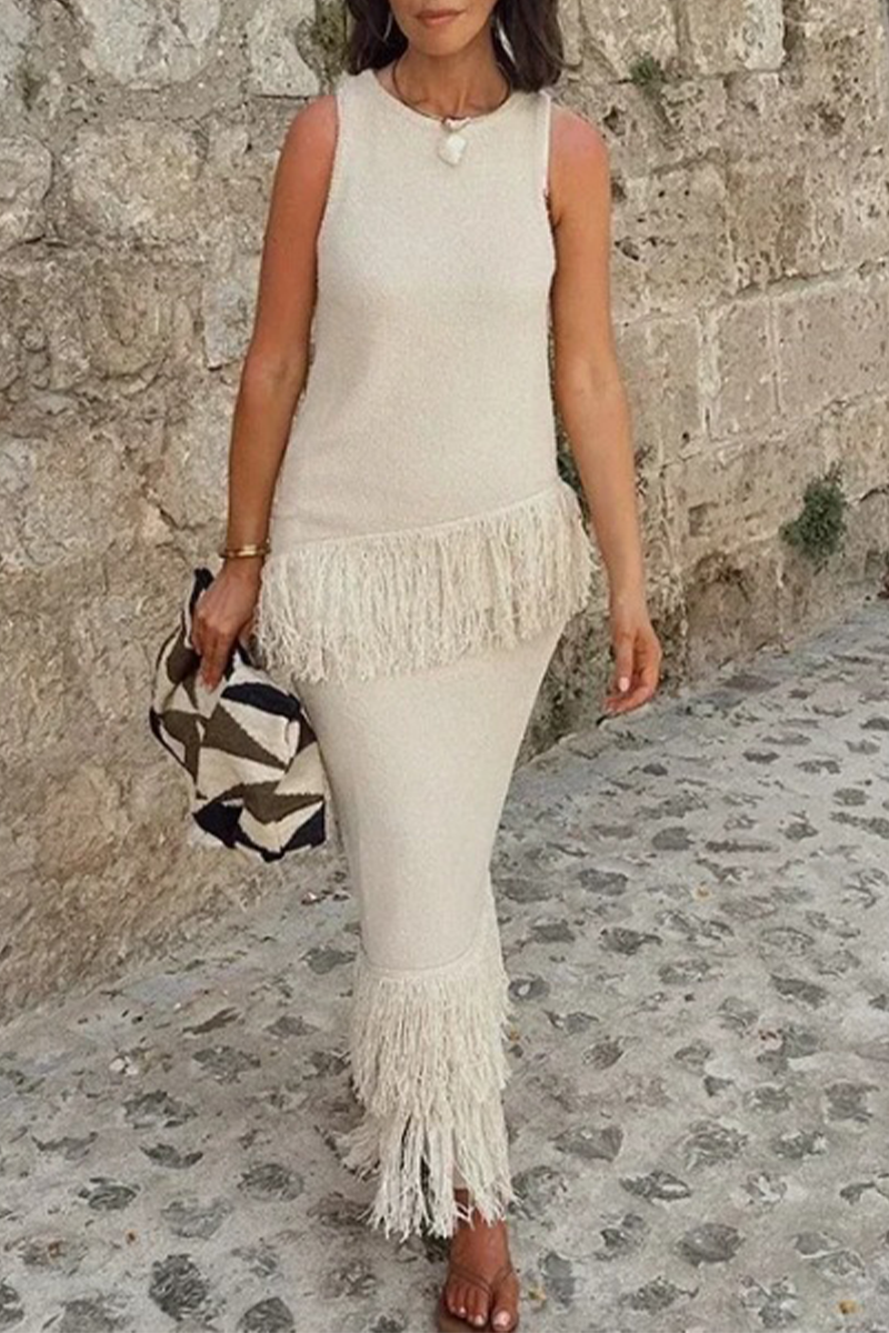 Fringed Trim O Neck Sleeveless Two Pieces