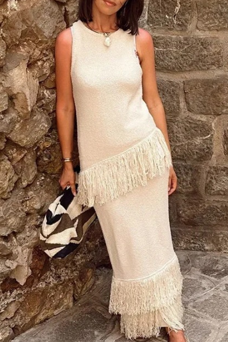 Fringed Trim O Neck Sleeveless Two Pieces