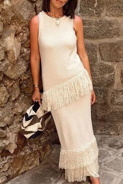 Fringed Trim O Neck Sleeveless Two Pieces