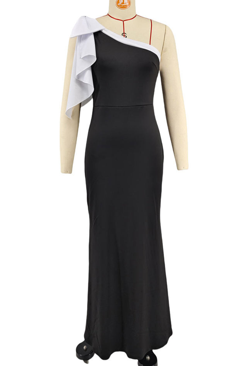 Patchwork Contrast Oblique Collar Long Dresses