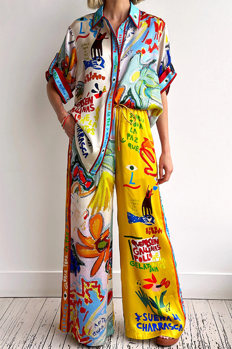 Vacation Graffiti Print Buttons Contrast Turndown Collar Short Sleeve Two Pieces