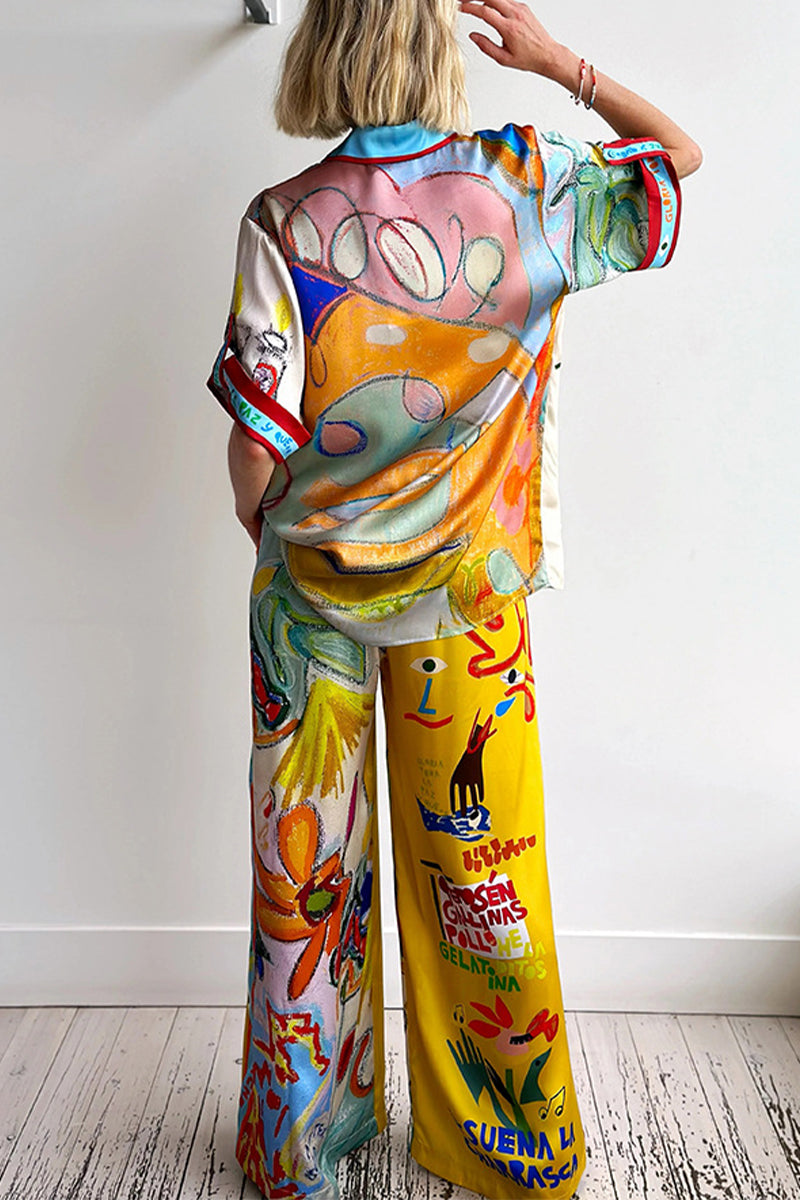 Vacation Graffiti Print Buttons Contrast Turndown Collar Short Sleeve Two Pieces