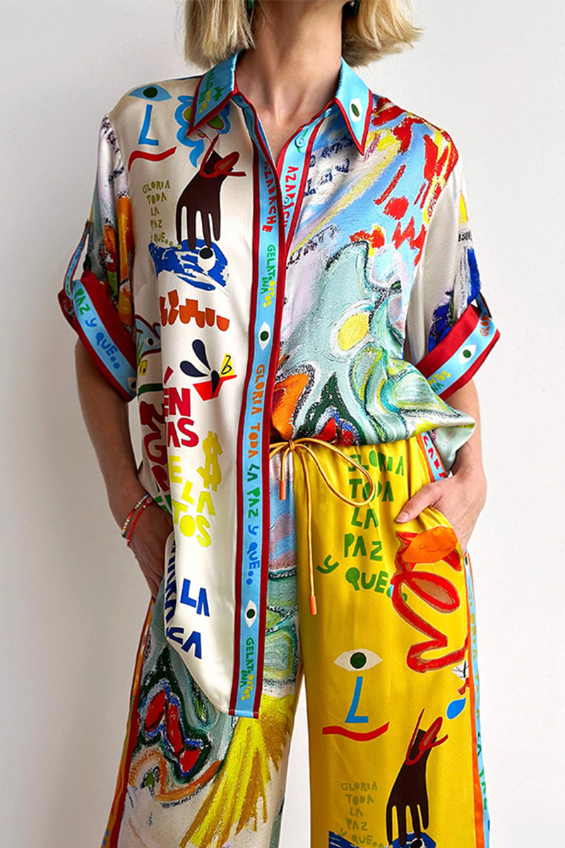 Vacation Graffiti Print Buttons Contrast Turndown Collar Short Sleeve Two Pieces