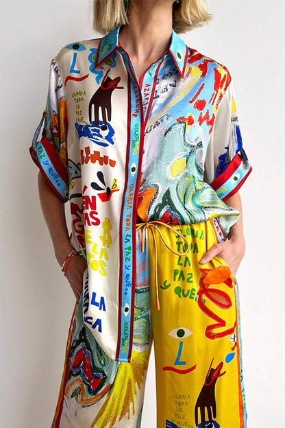 Vacation Graffiti Print Buttons Contrast Turndown Collar Short Sleeve Two Pieces