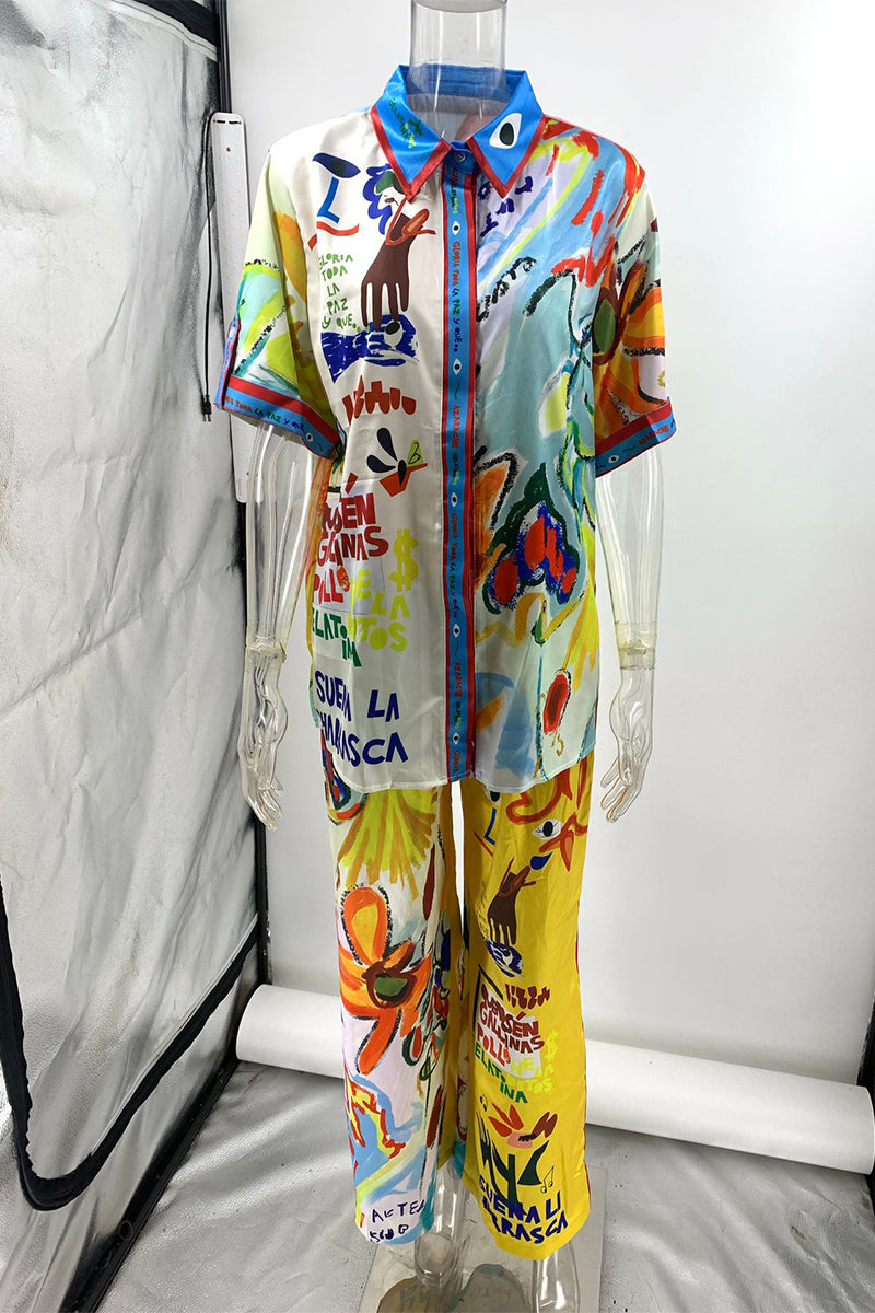 Vacation Graffiti Print Buttons Contrast Turndown Collar Short Sleeve Two Pieces