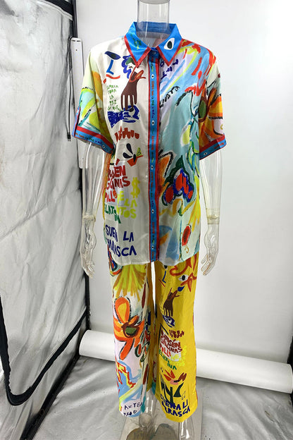 Vacation Graffiti Print Buttons Contrast Turndown Collar Short Sleeve Two Pieces