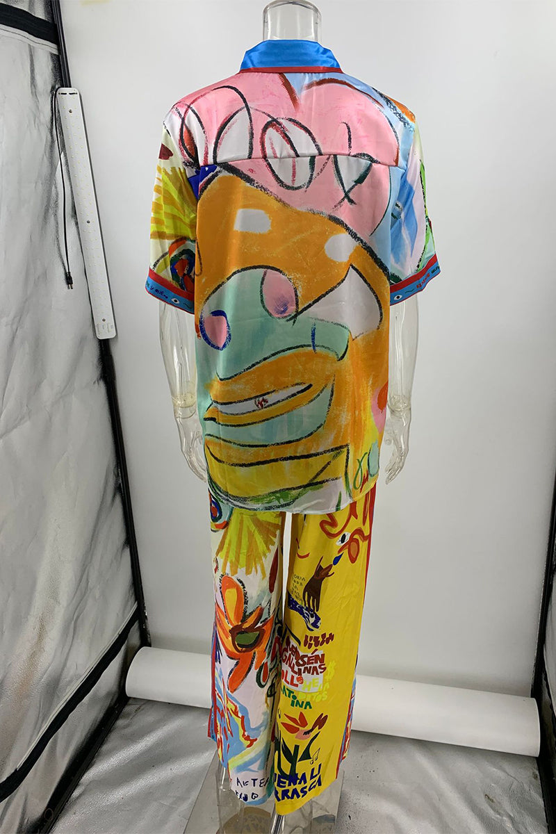 Vacation Graffiti Print Buttons Contrast Turndown Collar Short Sleeve Two Pieces