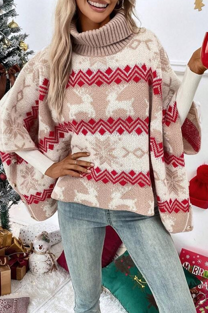 Party Wapiti Snowflakes Weave Contrast Turtleneck Sweaters