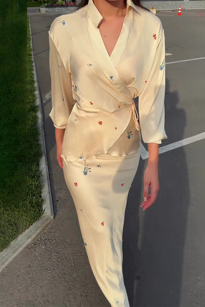 Flowers Lace Up Patchwork Turndown Collar Long Sleeve Two Pieces