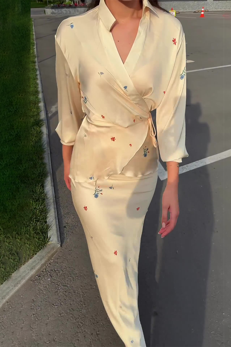 Flowers Lace Up Patchwork Turndown Collar Long Sleeve Two Pieces