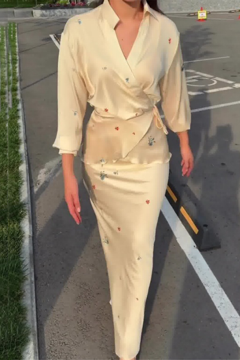 Flowers Lace Up Patchwork Turndown Collar Long Sleeve Two Pieces