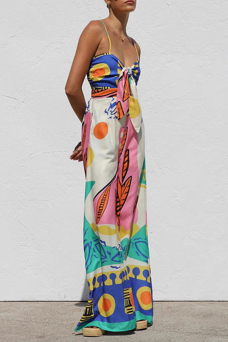 Vacation Geometric Print Bow Decor Contrast V Neck Loose Jumpsuits