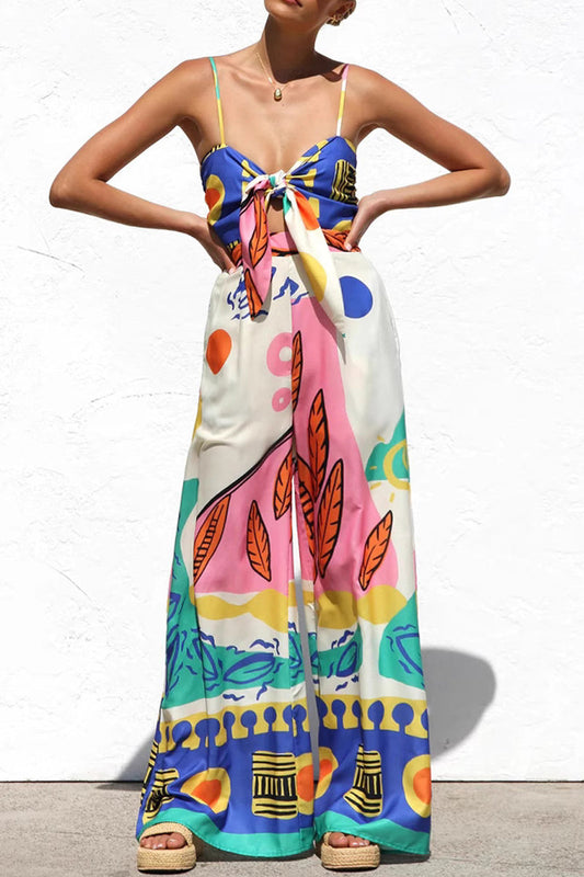 Vacation Geometric Print Bow Decor Contrast V Neck Loose Jumpsuits