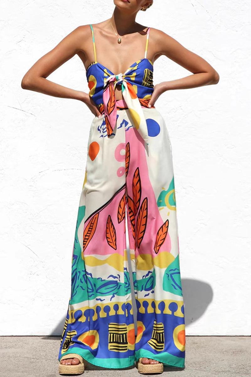 Vacation Geometric Print Bow Decor Contrast V Neck Loose Jumpsuits