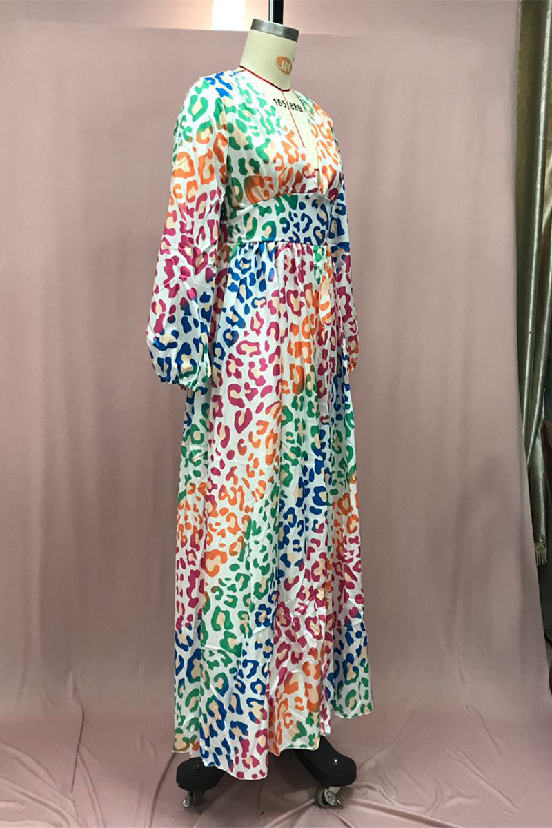 Gradient Leopard Slit Contrast V Neck Long Dresses