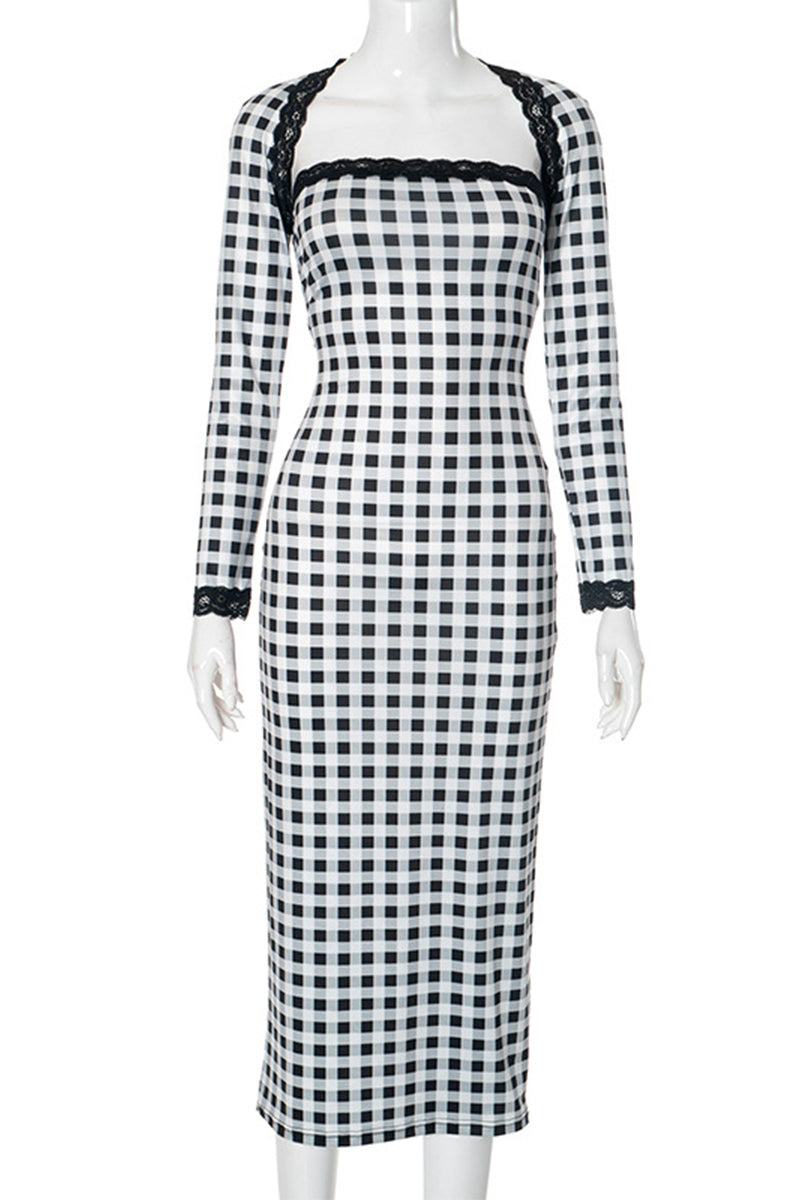 Plaid Contrast Strapless Long Sleeve Two Pieces