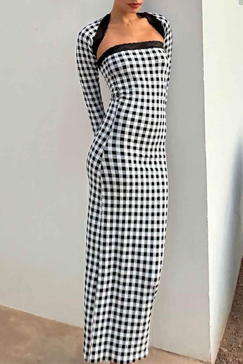 Plaid Contrast Strapless Long Sleeve Two Pieces