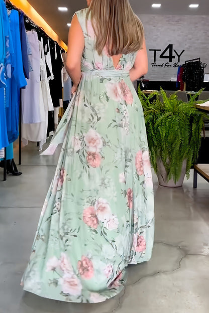 Print Lace Up V Neck Long Dresses(3 Colors)