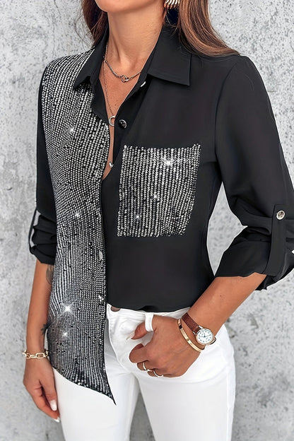Sequins Pocket Contrast Turndown Collar Blouses
