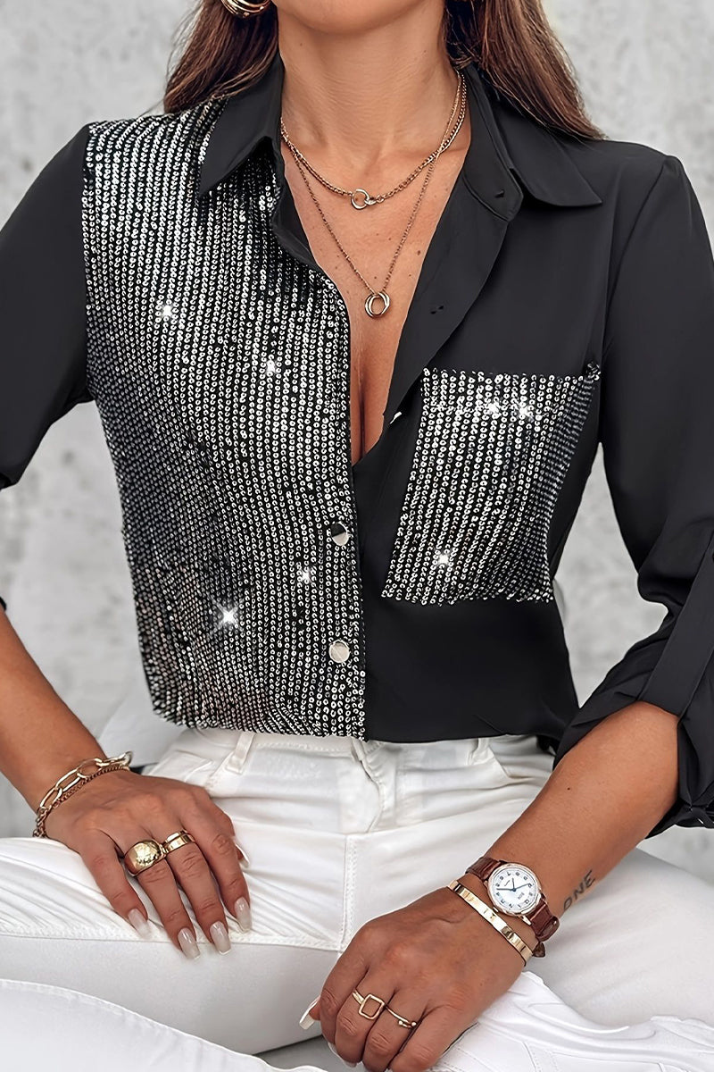 Sequins Pocket Contrast Turndown Collar Blouses
