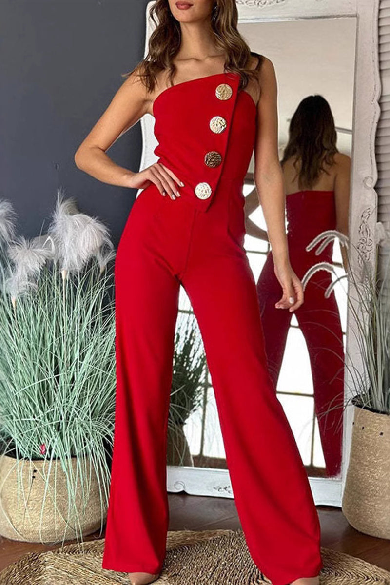 Buttons Irregular Strapless Regular Jumpsuits(6 Colors)