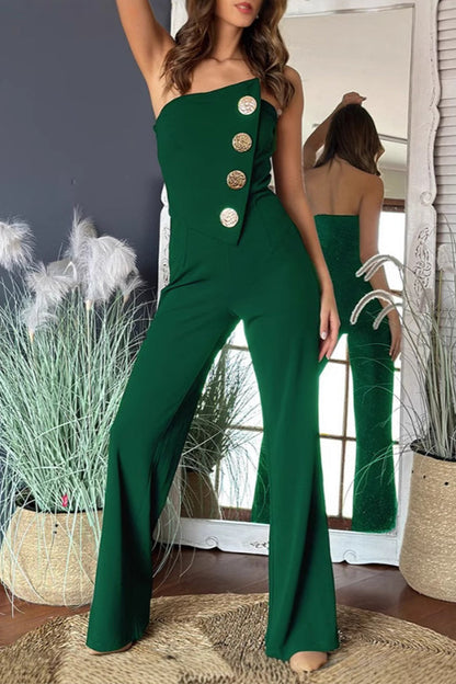 Buttons Irregular Strapless Regular Jumpsuits(6 Colors)