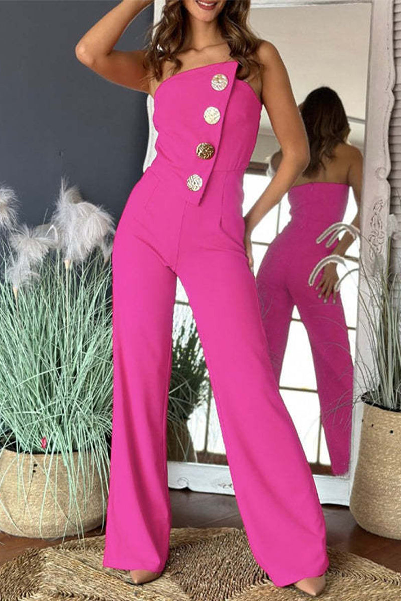 Buttons Irregular Strapless Regular Jumpsuits(6 Colors)