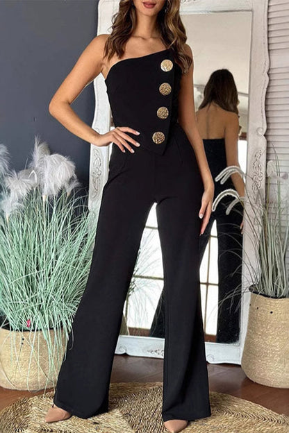 Buttons Irregular Strapless Regular Jumpsuits(6 Colors)