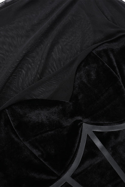 Mesh Feather Hemline Velvet O Neck Wrapped Skirt Dresses