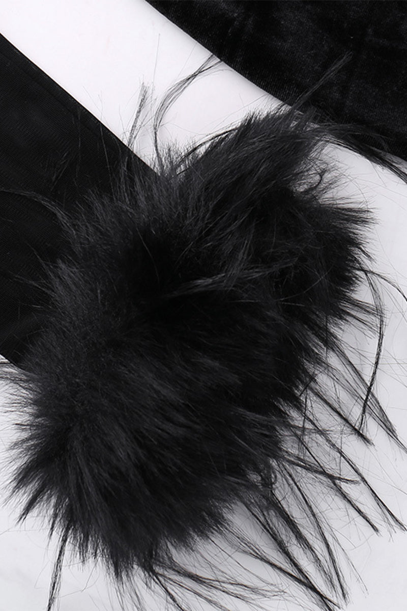 Mesh Feather Hemline Velvet O Neck Wrapped Skirt Dresses