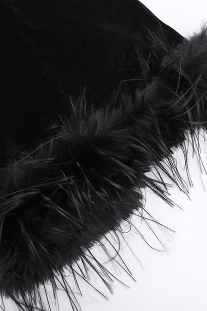 Mesh Feather Hemline Velvet O Neck Wrapped Skirt Dresses