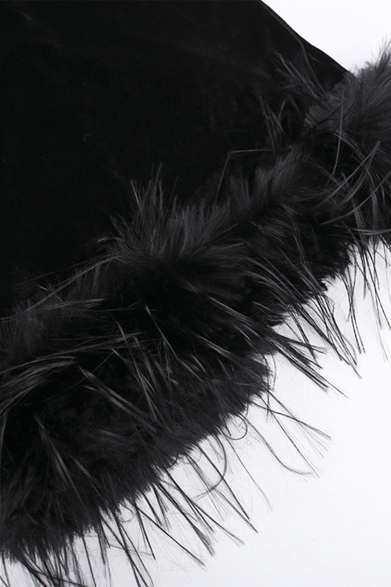 Mesh Feather Hemline Velvet O Neck Wrapped Skirt Dresses